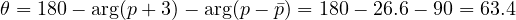 \theta = 180&deg; - \arg(p + 3) - \arg(p - \bar p) = 180&deg; - 26.6&deg; - 90&deg; = 63.4&deg;