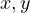 x, y