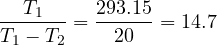 \dfrac{T_1}{T_1 - T_2} = \dfrac{293.15}{20} = 14.7