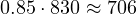 0.85\cdot 830 \approx 706