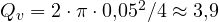 Q_v = 2\cdot\pi\cdot 0{,}05^2/4 \approx 3{,}9