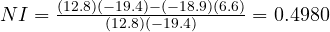 NI = \frac{(12.8)(-19.4) - (-18.9)(6.6)}{(12.8)(-19.4)} = 0.498 \gt  0