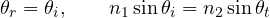 \[ \theta_r = \theta_i,\qquad n_1\sin\theta_i = n_2\sin\theta_t \]