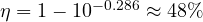\eta = 1 - 10^{-0.286} \approx 48\%