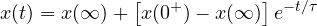 \[ x(t) = x(\infty) + \big[x(0^+) - x(\infty)\big]\,e^{-t/\tau} \]