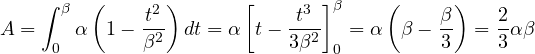 \[ A = \int_0^\beta\alpha\left(1 - \frac{t^2}{\beta^2}\right)dt = \alpha\left[t - \frac{t^3}{3\beta^2}\right]_0^\beta = \alpha\left(\beta - \frac{\beta}{3}\right) = \frac{2}{3}\alpha\beta \]