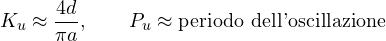 \[ K_u \approx \frac{4d}{\pi a},\qquad P_u \approx \text{periodo dell'oscillazione} \]