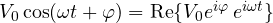 V_0\cos(\omega t + \varphi) = \operatorname{Re}\{V_0e^{i\varphi}\,e^{i\omega t}\}