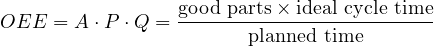 OEE = A\cdot P\cdot Q = \dfrac{\text{good parts}\times\text{ideal cycle time}}{\text{planned time}}