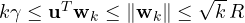 k\gamma \le \mathbf u^T\mathbf w_k \le \|\mathbf w_k\| \le \sqrt k\,R