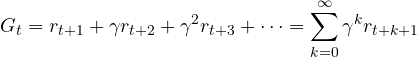 \[ G_t = r_{t+1} + \gamma r_{t+2} + \gamma^2 r_{t+3} + \dots = \sum_{k=0}^{\infty}\gamma^k r_{t+k+1} \]