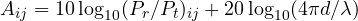 A_{ij} = 10\log_{10}(P_r/P_t)_{ij} + 20\log_{10}(4\pi d/\lambda)