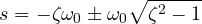 \[ s = -\zeta\omega_0 \pm \omega_0\sqrt{\zeta^2 - 1} \]