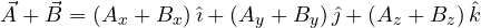 \[ \vec A + \vec B = (A_x + B_x)\,\hat\imath + (A_y + B_y)\,\hat\jmath + (A_z + B_z)\,\hat k \]