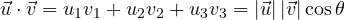 \[ \vec u\cdot\vec v = u_1 v_1 + u_2 v_2 + u_3 v_3 = |\vec u|\,|\vec v|\cos\theta \]