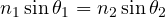 \[ n_1\sin\theta_1 = n_2\sin\theta_2 \]