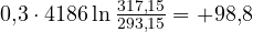 0{,}3\cdot 4186\ln\frac{317{,}15}{293{,}15} = +98{,}8