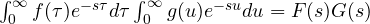 \int_0^\infty f(\tau)e^{-s\tau}d\tau\int_0^\infty g(u)e^{-su}du = F(s)G(s)