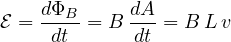 \[ \mathcal E = \frac{d\Phi_B}{dt} = B\,\frac{dA}{dt} = B\,L\,v \]