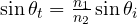 \sin\theta_t = \frac{n_1}{n_2}\sin\theta_i