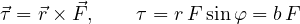 \[ \vec\tau = \vec r\times\vec F,\qquad \tau = r\,F\sin\varphi = b\,F \]