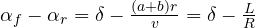 \alpha_f - \alpha_r = \delta - \frac{(a + b)r}{v} = \delta - \frac{L}{R}