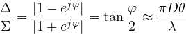 \[ \frac{\Delta}{\Sigma} = \frac{|1 - e^{j\varphi}|}{|1 + e^{j\varphi}|} = \tan\frac{\varphi}{2} \approx \frac{\pi D\theta}{\lambda} \]