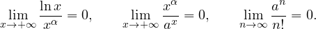 \[ \lim_{x\to+\infty}\frac{\ln x}{x^\alpha} = 0, \qquad \lim_{x\to+\infty}\frac{x^\alpha}{a^x} = 0, \qquad \lim_{n\to\infty}\frac{a^n}{n!} = 0. \]