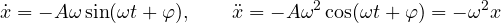 \[ \dot x = -A\omega\sin(\omega t + \varphi),\qquad \ddot x = -A\omega^2\cos(\omega t + \varphi) = -\omega^2 x \]