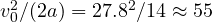 v_0^2/(2a) = 27.8^2/14 \approx 55