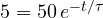5 = 50\,e^{-t/\tau}