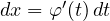dx = \varphi'(t)\,dt