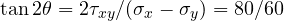 \tan 2\theta = 2\tau_{xy}/(\sigma_x - \sigma_y) = 80/60