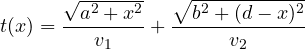 \[ t(x) = \frac{\sqrt{a^2 + x^2}}{v_1} + \frac{\sqrt{b^2 + (d - x)^2}}{v_2} \]