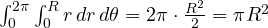 \int_0^{2\pi}\int_0^R r\,dr\,d\theta = 2\pi\cdot\frac{R^2}{2} = \pi R^2