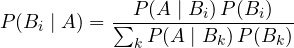 \[ P(B_i \mid A) = \frac{P(A \mid B_i)\,P(B_i)}{\sum_k P(A \mid B_k)\,P(B_k)} \]