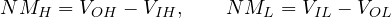 \[ NM_H = V_{OH} - V_{IH},\qquad NM_L = V_{IL} - V_{OL} \]
