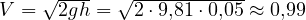 V = \sqrt{2gh} = \sqrt{2\cdot 9{,}81\cdot 0{,}05} \approx 0{,}99