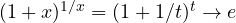 (1 + x)^{1/x} = (1 + 1/t)^t \to e