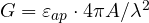 G = \varepsilon_{ap}\cdot 4\pi A/\lambda^2