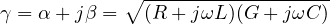 \[ \gamma = \alpha + j\beta = \sqrt{(R + j\omega L)(G + j\omega C)} \]