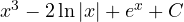 x^3 - 2\ln|x| + e^x + C