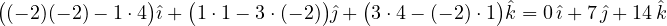 \big((-2)(-2) - 1\cdot 4\big)\hat\imath + \big(1\cdot 1 - 3\cdot(-2)\big)\hat\jmath + \big(3\cdot 4 - (-2)\cdot 1\big)\hat k = 0\,\hat\imath + 7\,\hat\jmath + 14\,\hat k