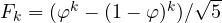 F_k = (\varphi^k - (1 - \varphi)^k)/\sqrt5