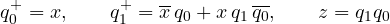 \[ q_0^+ = x,\qquad q_1^+ = \overline{x}\,q_0 + x\,q_1\,\overline{q_0},\qquad z = q_1q_0 \]