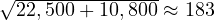 \sqrt{22,500 + 10,800} \approx 183