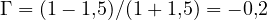 \Gamma = (1 - 1{,}5)/(1 + 1{,}5) = -0{,}2