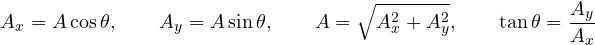 \[ A_x = A\cos\theta,\qquad A_y = A\sin\theta,\qquad A = \sqrt{A_x^2 + A_y^2},\qquad \tan\theta = \frac{A_y}{A_x} \]