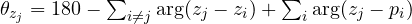 \theta_{z_j} = 180&deg; - \sum_{i \ne j}\arg(z_j - z_i) + \sum_i\arg(z_j - p_i)