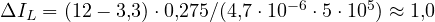 \Delta I_L = (12 - 3{,}3)\cdot 0{,}275/(4{,}7\cdot 10^{-6}\cdot 5\cdot 10^5) \approx 1{,}0